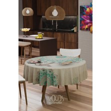 Moud's Ramazan Turkuaz Etnik Desenli Süet Kumaş Dertsiz Yuvarlak Masa Örtüsü Ramadan
