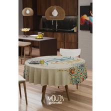 Moud's Ramazan Mavi Kaligrafi Desenli Süet Kumaş Dertsiz Yuvarlak Masa Örtüsü Ramadan