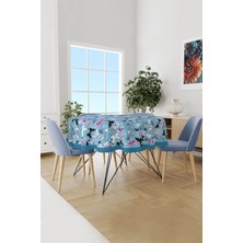 Moud's Mavi Kelebekler Desenli Yuvarlak Süet Dertsiz Masa Örtüsü