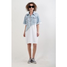 Zelish My Sister Beyaz Asimetrik Denim Iki Iplik Mix Elbise