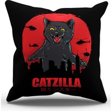 Moud's Çift Tarafı Baskılı Catzilla Desenli Süet Kırlent Kılıfı - PL787