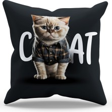 Moud's Çift Tarafı Baskılı Siyah Kedi Desenli Süet Kırlent Kılıfı - PL774