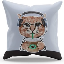 Moud's Çift Tarafı Baskılı Kulaklıklı Kedi Desenli Süet Kırlent Kılıfı - PL785