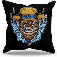 Moud's Çift Tarafı Baskılı Siyah Şapkalı Kedi Desenli Süet Kırlent Kılıfı - PL784