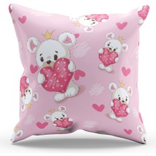 Moud's Çift Tarafı Baskılı Pembe Ayıcık Desenli Süet Kırlent Kılıfı