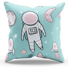 Moud's Çift Tarafı Baskılı Astronot Kedi - 1 Desenli Süet Kırlent Kılıfı