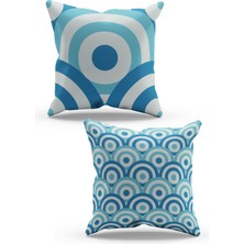 Moud's Çift Tarafı Baskılı Blue Round Desenli 2'li Kombin Süet Kırlent Kılıfı