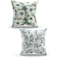 Moud's Çift Tarafı Baskılı Yeşil Çiçek Desenli 2'li Kombin Süet Kırlent Kılıfı