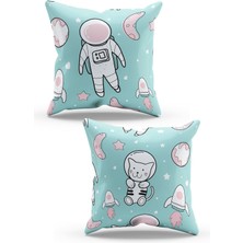 Moud's Çift Tarafı Baskılı Astronot Kedi Desenli 2'li Kombin Süet Kırlent Kılıfı