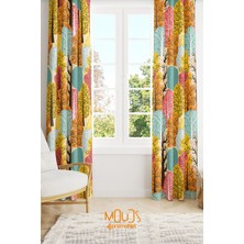 Moud's Renkli Ağaç Desenli Süet Oturma Odası Salon Fon Perde Baskılı Ekstrafor Büzgü 2 Kanat PRD-1090