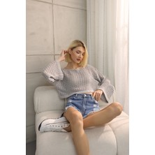 Han Raiment Gri Ajurlu Triko Crop