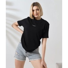 Stil Aura Unisex Bisiklet Yaka Baskılı Slim Fit T-Shirt - Siyah