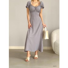 Rengamoda Kadın U Yaka Sırt Fermuar Kuşak Detaylı Ayrobin Kumaş Elbise (Renkli)