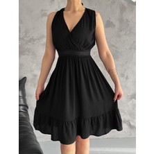 Rengamoda Kadın Kruvaze Yaka Bağlamalı Beli Lastikli Viskon Kumaş Yazlık Elbise (Renkli)