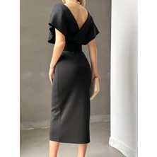 Rengamoda Kadın Kemerli Inci Detay Dalgıç Kumaş Abiye Elbise (Renkli)