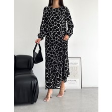 Rengamoda Kadın Taş Desenli Kolu Lastikti Rahat Viskon Kumaş Elbise (Renkli)