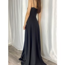 Rengamoda Kadın Askılı Dekolte Kruvaze Yaka Yırtmaçlı Abiye Hafif Krep Gece Elbise (Renkli)