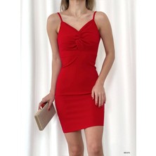 Rengamoda Kadın Askılı Göğüs Büzgü Detaylı Krep Kumaş Elbise (Renkli)