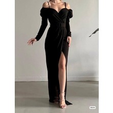 Rengamoda Kadın Omuz Detay Uzun Kol Kemer Dahil Yırtmaçlı Krep Abiye Elbise (Renkli)