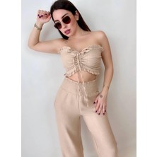 Rengamoda Kadın Keten Kumaş Gipeli Crop ve Pantolon Ikili Takım (Renkli)