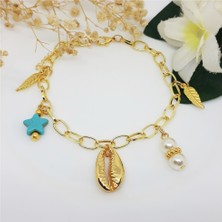 BijuStore Turkuaz Doğal Taş & Altın Kaplama Deniz Kabuğu & Bakla Zincir Kadın Halhal