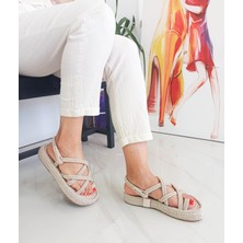 Gdt Ayakkabı  Bej Renk Kalın Taban Halatlı Kadın Sandalet