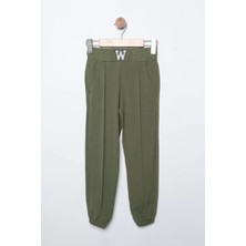 Julude Haki Yüksek Bel Çimalı Bel ve Paça Lastikli Kız Çocuk Nakışlı Pantolon P-00009770