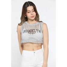 Julude Gri Bisiklet Yaka Baskılı Ajurlu Kadın Crop Top Süveter P-00009860