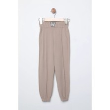 Julude Bej Yüksek Bel Çimalı Bel ve Paça Lastikli Kız Çocuk Nakışlı Pantolon P-00009770