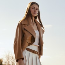 Desa Albinia Kahve Kadın Deri Biker Ceket