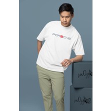 Swozz Unisex Beyaz Oversize Tshirt Porsche Ön Ve Sırt Baskılı Yüksek Kaliteli