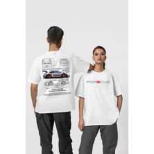 Swozz Unisex Beyaz Oversize Tshirt Porsche Ön Ve Sırt Baskılı Yüksek Kaliteli
