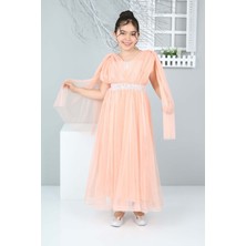 Asortix Kız Çocuk Saten Astarlı Omuzdan Tüllü Beli Payetli Uzun Abiye ELBISE-ABY-0028