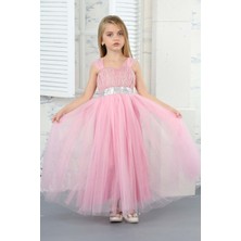 Asortix Kız Çocuk Beli Payetli Sim Desenli Pembe Abiye Elbise GELINLIK-ABY-0032