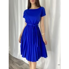 Renga Style  Eteği Pileli Beli Kuşaklı  Krep Kumaş Elbise (Renkli)