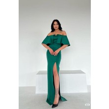 Renga Style  Kadın Katmanlı Carmen Yaka Yeni Sezon Scuba Kumaş Yırtmaçlı Abiye Elbise (Renkli)