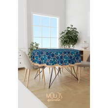 Moud's Mavi Krem Süsleme Islamik Desenli Süet Kumaş Dertsiz Yuvarlak Masa Örtüsü