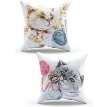 Moud's Çift Tarafı Baskılı Kedi Desenli 2'li Kombin Süet Kırlent Kılıfı