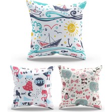 Moud's Çift Tarafı Baskılı Çocuk Desenli 3'lü Kombin Süet Kırlent Kılıfı