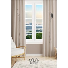 Moud's Bej Minimal Çiçek Desenli Süet Oturma Odası Salon Fon Perde Baskılı Ekstrafor Büzgü 2 Kanat PRD-1058