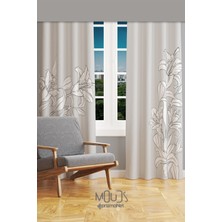Moud's Beyaz Çiçekler Desenli Süet Oturma Odası Salon Fon Perde Baskılı Ekstrafor Büzgü 2 Kanat PRD-1052