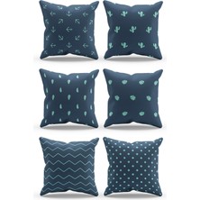 Moud's Çift Tarafı Baskılı Lacivert Polka Desenli 6'lı Kombin Süet Kırlent Kılıfı