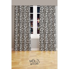 Moud's Gri Flora Serisi Desenli Süet Oturma Odası Salon Fon Perde Baskılı Ekstrafor Büzgü 2 Kanat PRD-1073
