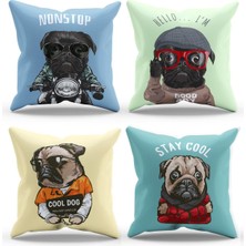 Moud's Çift Tarafı Baskılı Renkli Pug Desenli 4'lü Kombin Süet Kırlent Kılıfı - PLG144