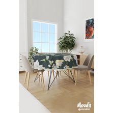 Moud's Yeşil Beyaz Çiçek Desenli Yuvarlak Süet Dertsiz Masa Örtüsü