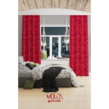 Moud's Kırmızı Pembe Kalpler Desenli Süet Oturma Odası Salon Fon Perde Ekstrafor Büzgü 2 Kanat PRD-1044