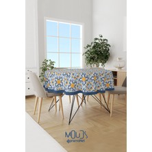 Moud's Mavi Hardal Süsleme Islamik Desenli Süet Kumaş Dertsiz Yuvarlak Masa Örtüsü