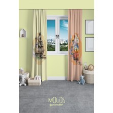 Moud's Ayıcık ve Farecik Desenli Fon Perde Çocuk ve Bebek Odası Süet Baskılı Ekstrafor Büzgü 2 Kanat Prd-63