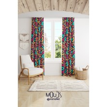 Moud's Renkli Şekil Desenli Fon Perde Genç Odası Oturma Odası Süet Baskılı Ekstrafor Büzgü 2 Kanat PRD-2002