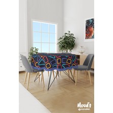 Moud's Lacivert Renkli Kareler Desenli Yuvarlak Süet Dertsiz Masa Örtüsü